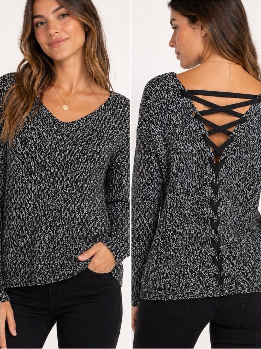 Cupcake Black and White heathered V-Neck Sweater with Lace-Up Back